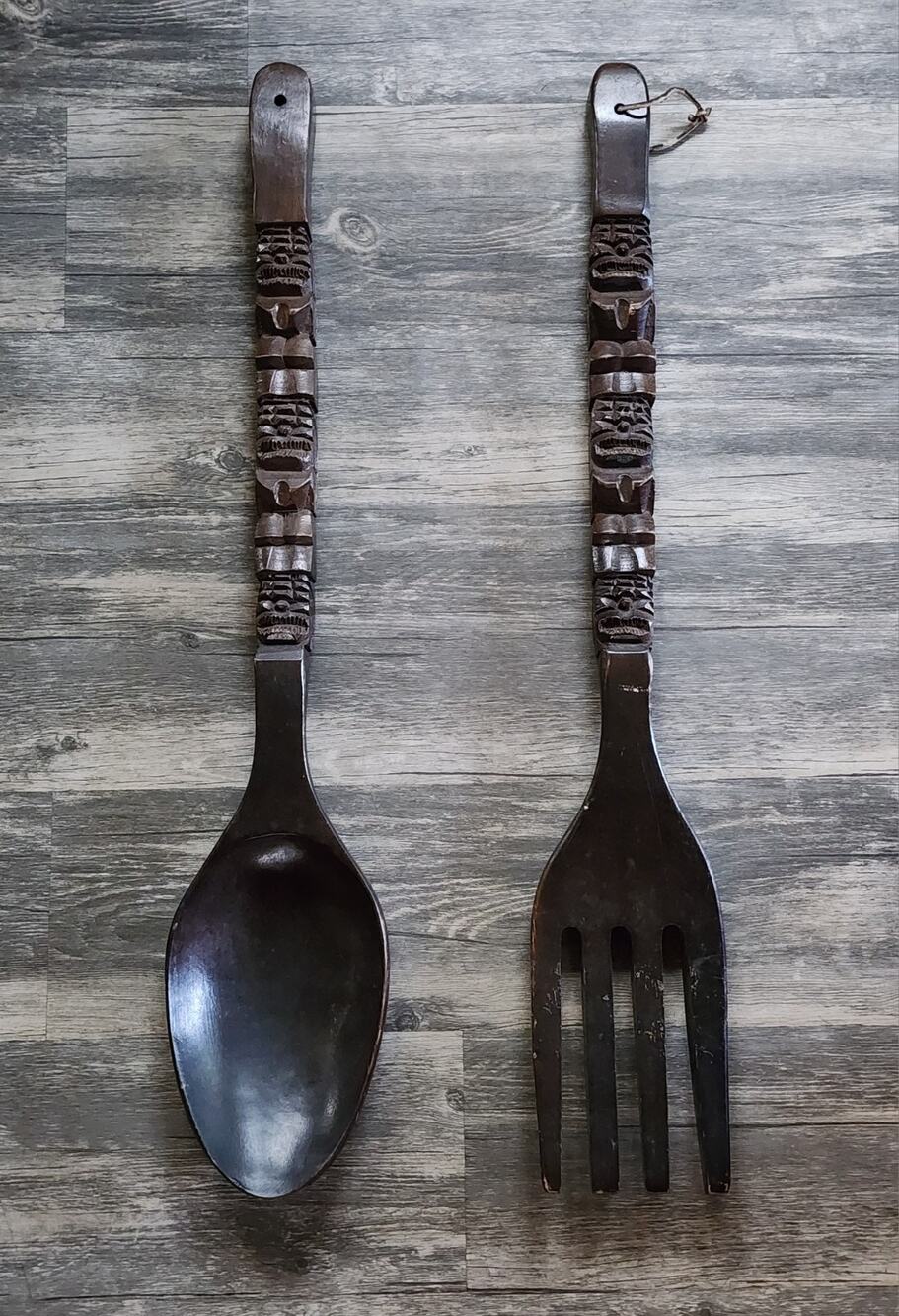 Vintage Mid Century Large Wooden Totem Pole Fork & Spoon Wall Kitchen Decor 28"